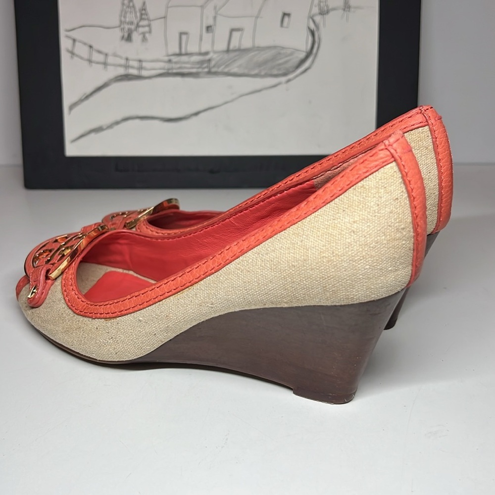 Tory Burch Amanda Off White/Pink Leather And Canvas PepToes Wedges Woman’s 6.5M - Picture 7 of 16